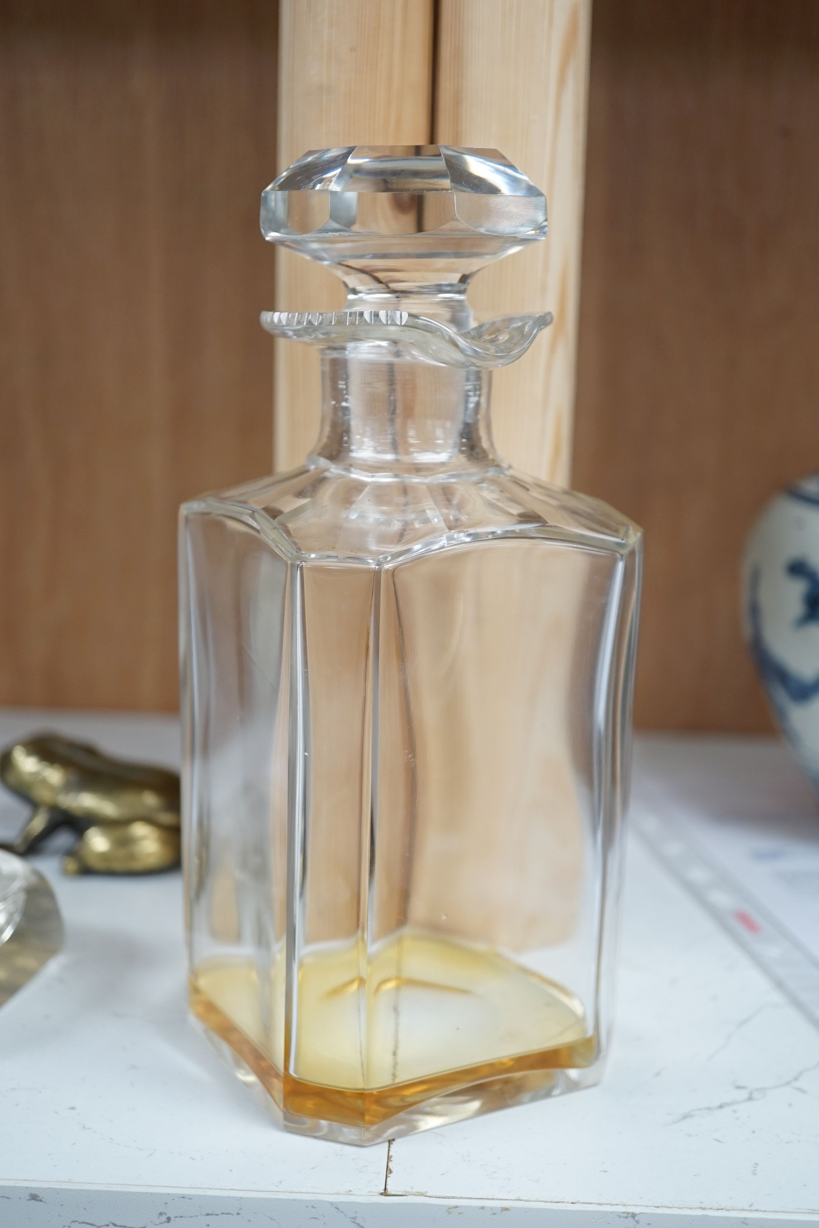 A Victorian coromandel wood two door decanter box, with two decanters and six glasses, 24cm high x 33cm wide